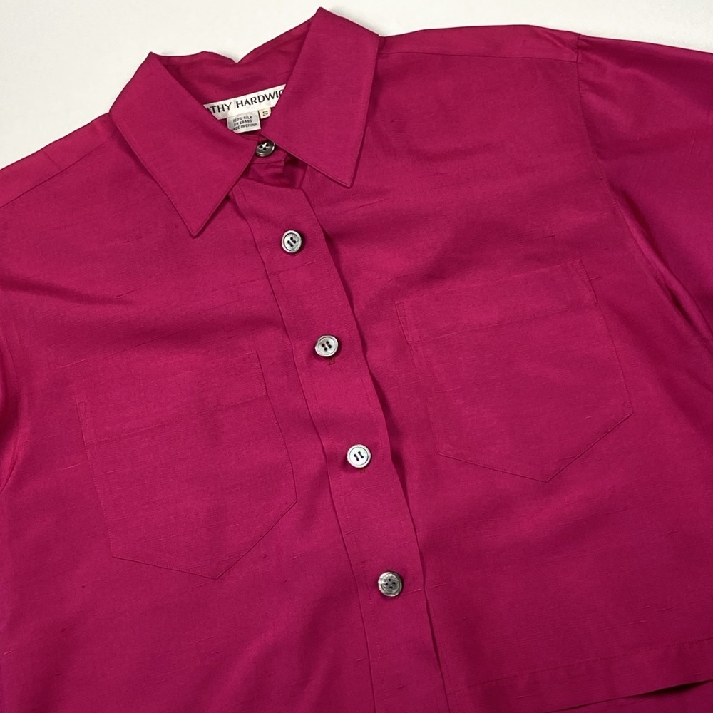 Vtg Cathy Hardwick 100% Silk Button up Crop Top Size S Hot Pink Layering Shirt